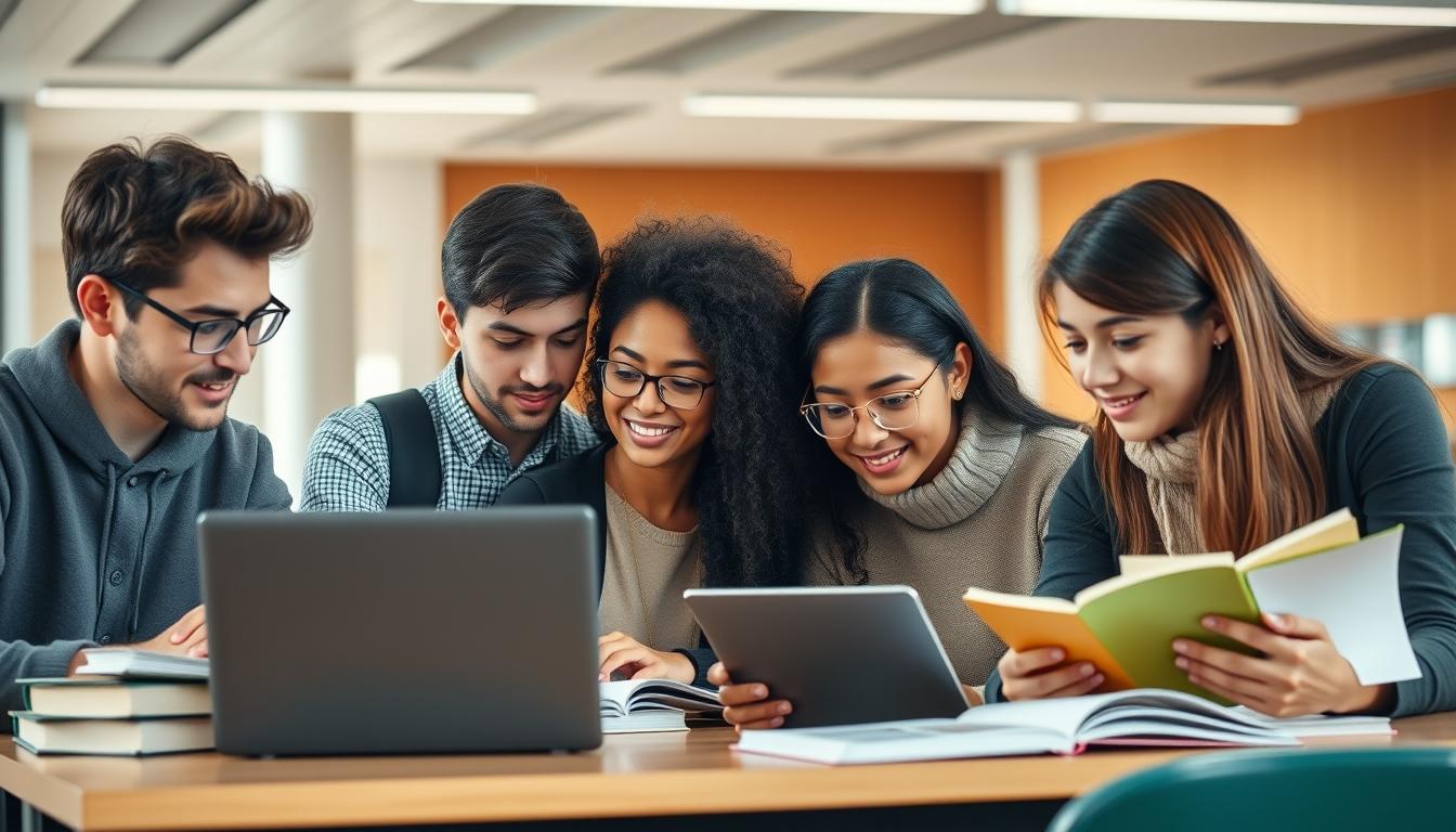 Students studying together in modern classroom